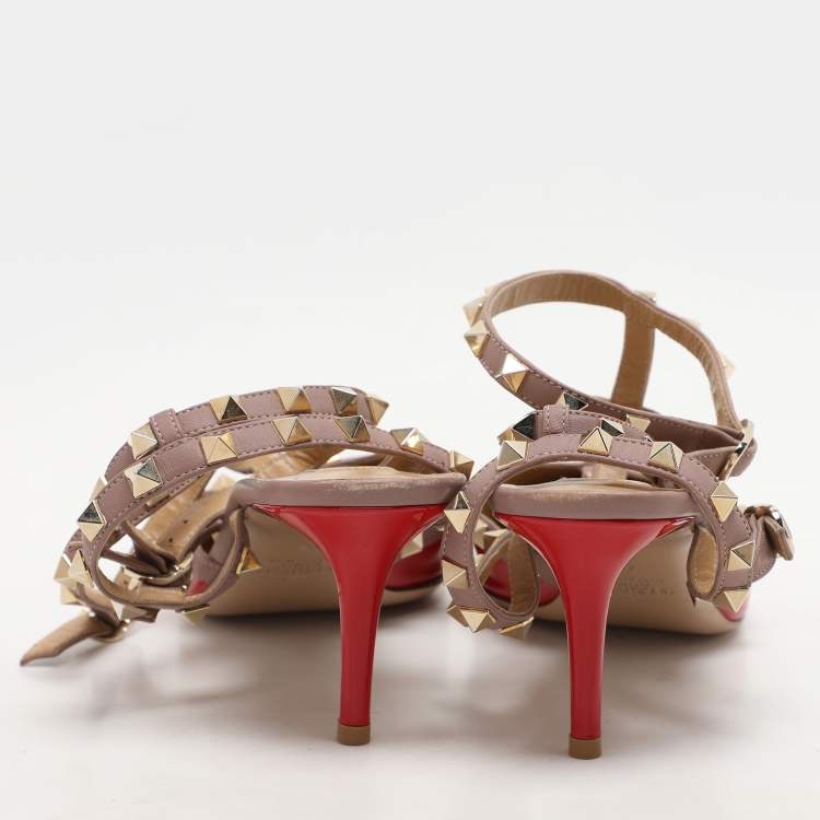 Pre Owned Valentino Red/Beige Patent Leather Rockstud Ankle Strap Pumps Size 40