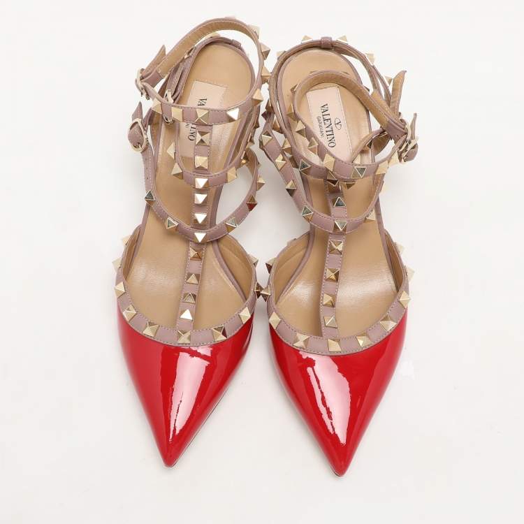 Pre Owned Valentino Red/Beige Patent Leather Rockstud Ankle Strap Pumps Size 40