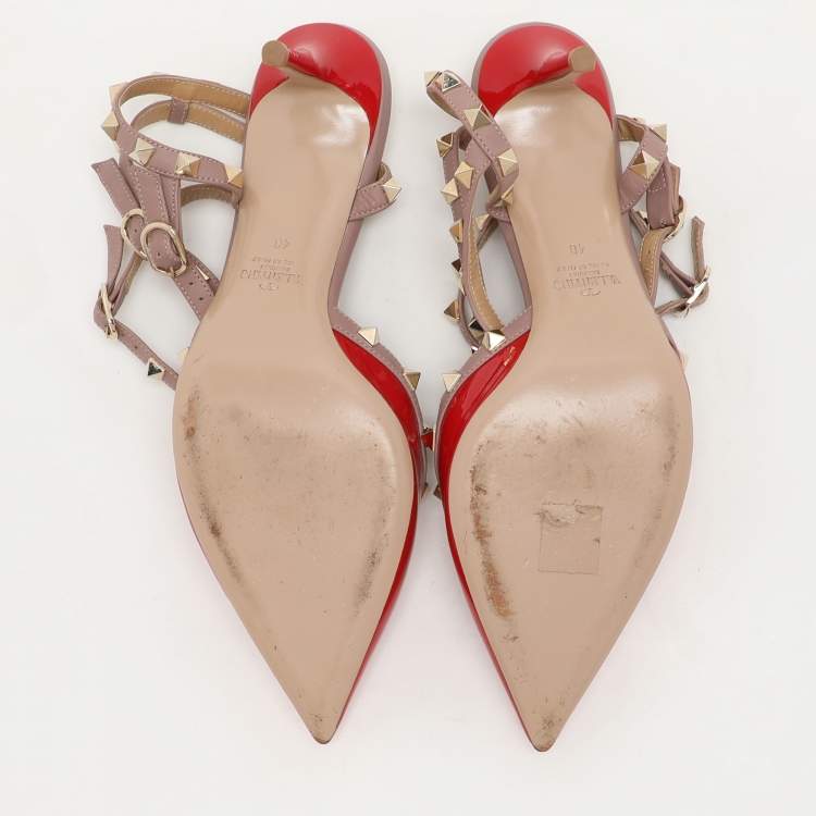 Pre Owned Valentino Red/Beige Patent Leather Rockstud Ankle Strap Pumps Size 40