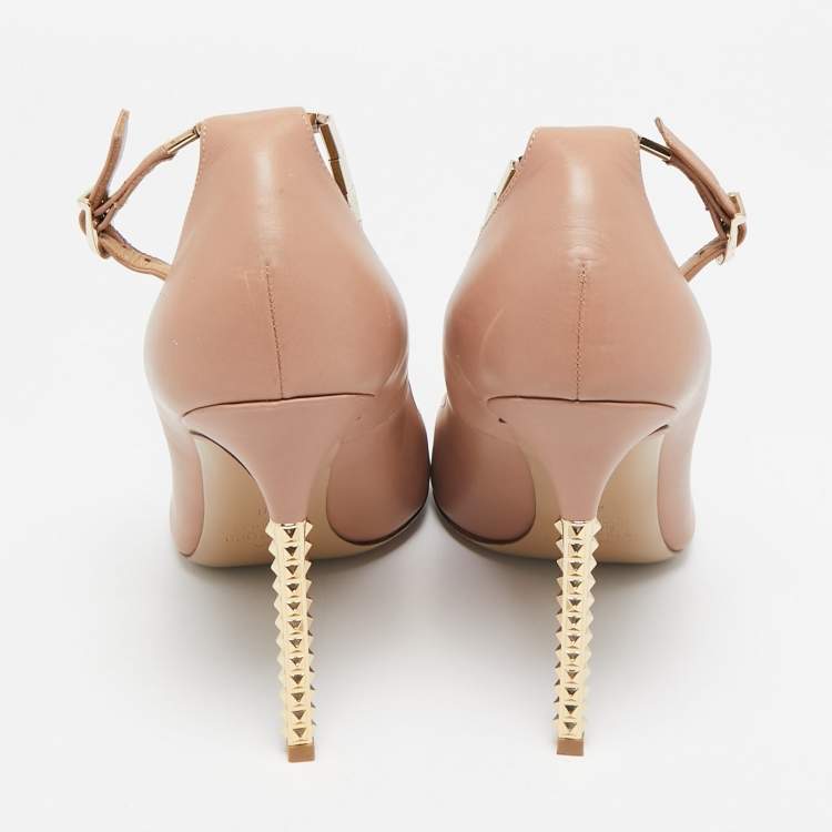 Pre Owned Valentino Beige Leather Ankle Strap Pointed Toe Pumps Size 40