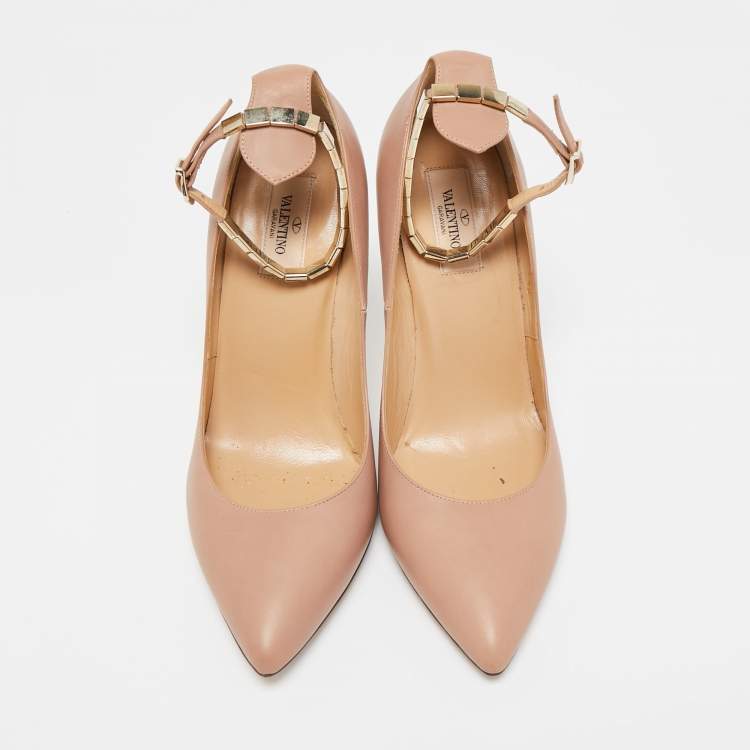 Pre Owned Valentino Beige Leather Ankle Strap Pointed Toe Pumps Size 40