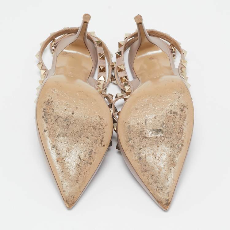 Pre Owned Valentino Beige Leather Rockstud Ankle Strap Pumps Size 38