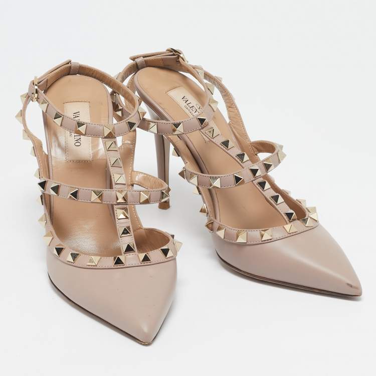Pre Owned Valentino Beige Leather Rockstud Ankle Strap Pumps Size 38