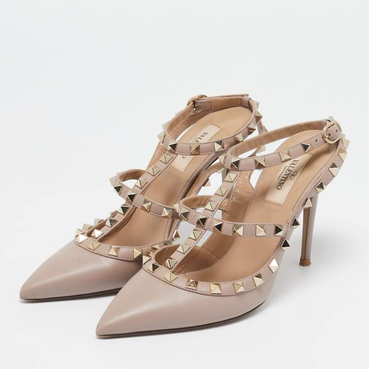 Pre Owned Valentino Beige Leather Rockstud Ankle Strap Pumps Size 38