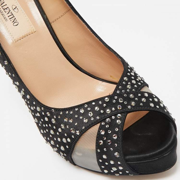 Pre Owned Valentino Black Satin and Mesh Crystal Embellished Platform Pumps Size 37.5