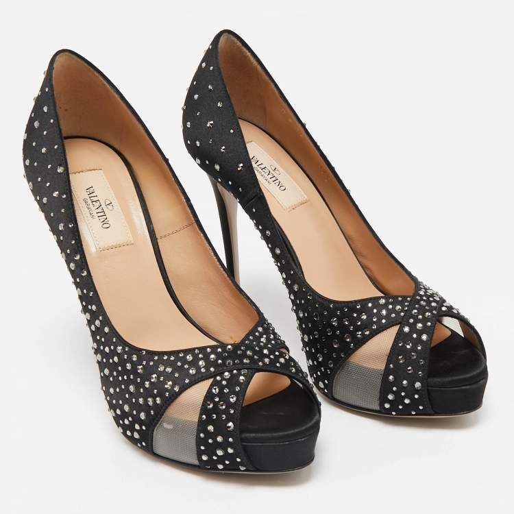 Pre Owned Valentino Black Satin and Mesh Crystal Embellished Platform Pumps Size 37.5