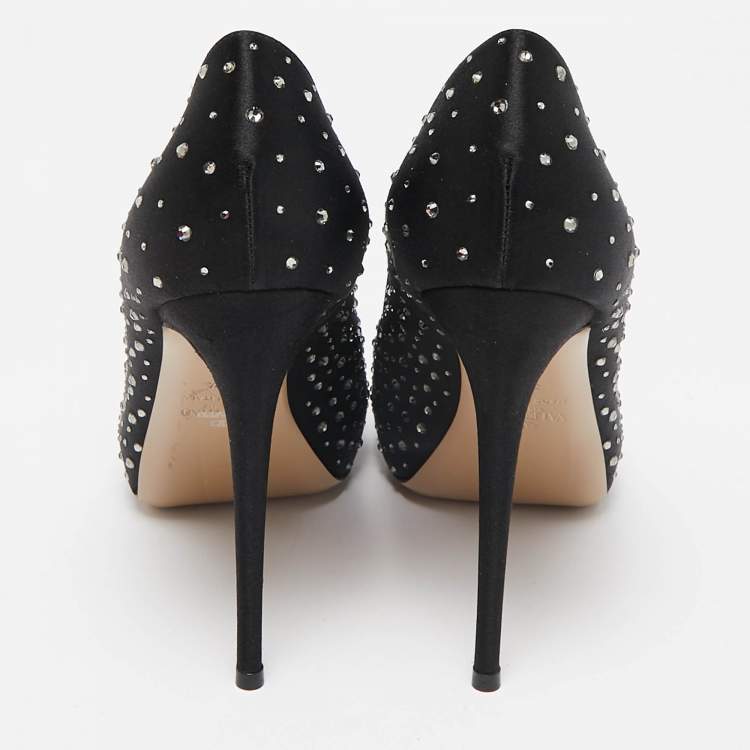 Pre Owned Valentino Black Satin and Mesh Crystal Embellished Platform Pumps Size 37.5