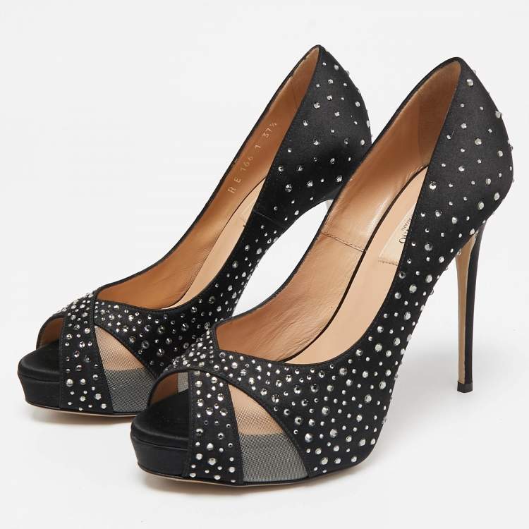 Pre Owned Valentino Black Satin and Mesh Crystal Embellished Platform Pumps Size 37.5
