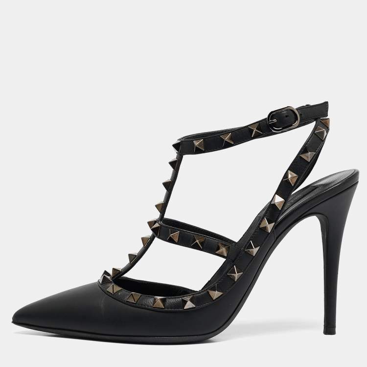 Pre Owned Valentino Black Leather Rockstud Ankle Strap Pumps Size 39