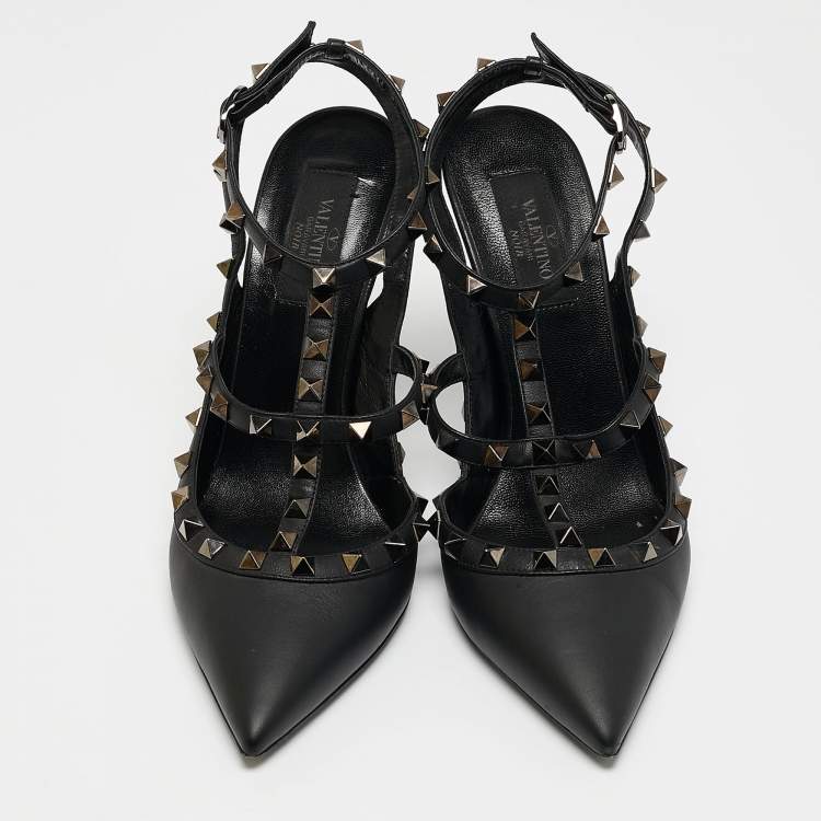 Pre Owned Valentino Black Leather Rockstud Ankle Strap Pumps Size 39