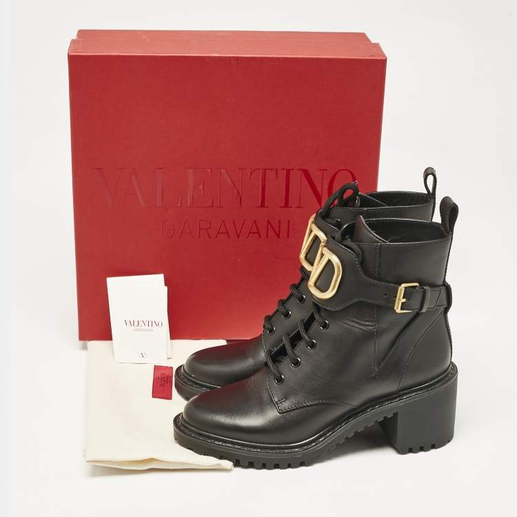 Pre Owned Valentino Black Leather VLogo Combat Boots Size 37.5