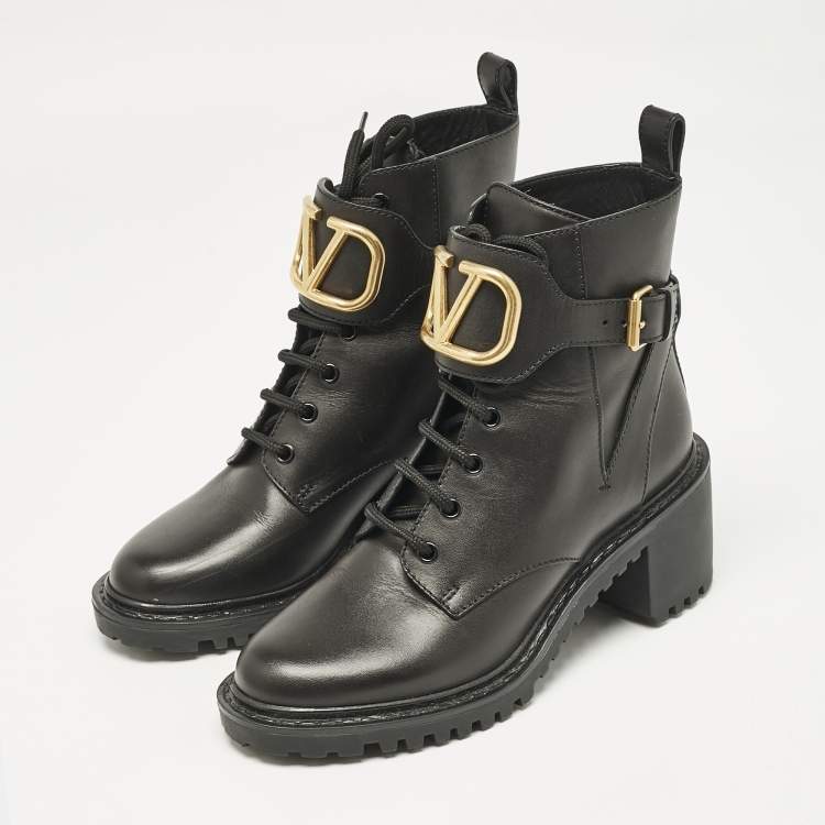 Pre Owned Valentino Black Leather VLogo Combat Boots Size 37.5