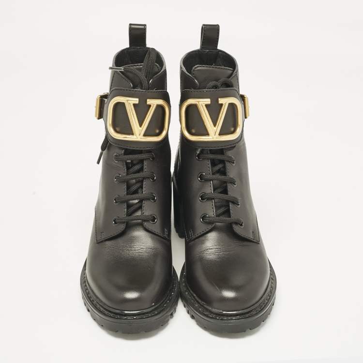 Pre Owned Valentino Black Leather VLogo Combat Boots Size 37.5