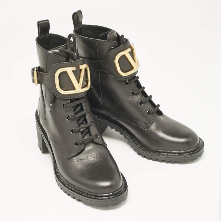 Pre Owned Valentino Black Leather VLogo Combat Boots Size 37.5