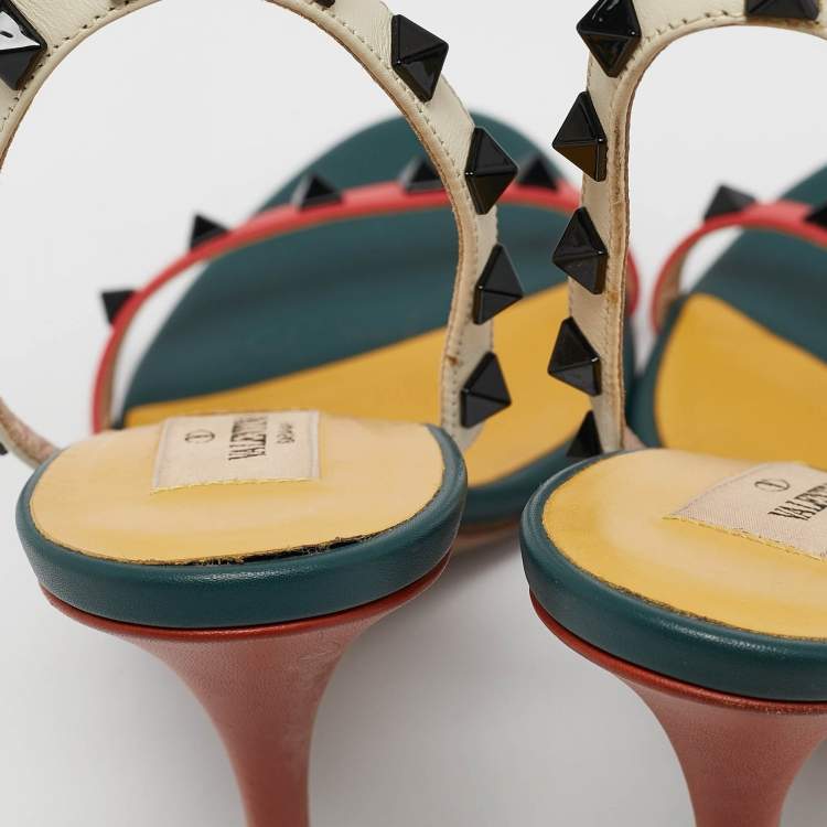 Pre Owned Valentino Multicolor Leather Rockstud Ankle Strap Sandals Size 39