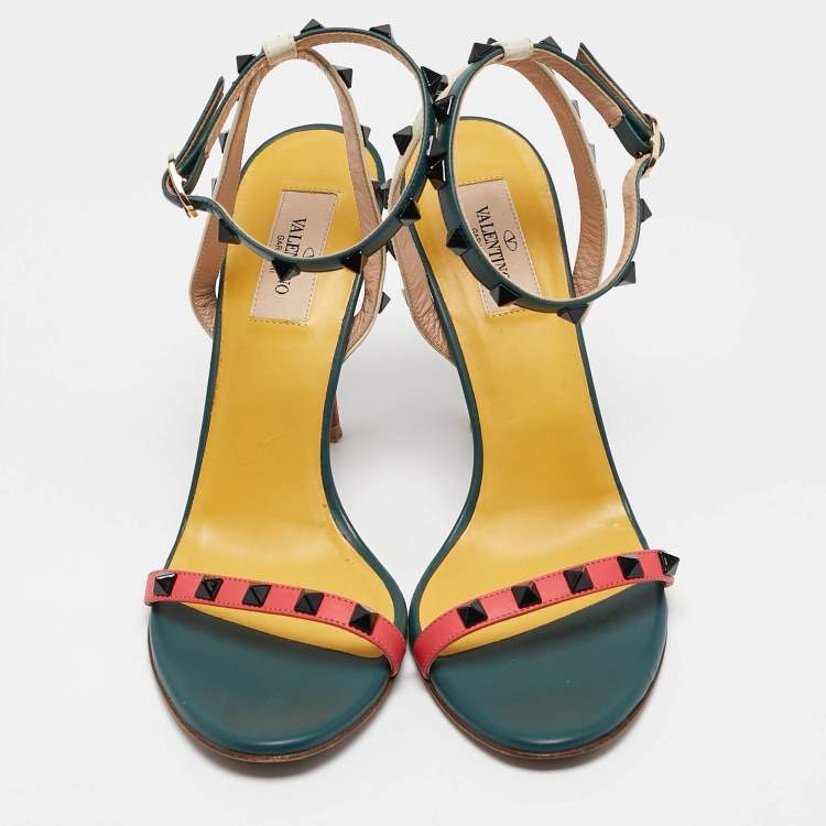 Pre Owned Valentino Multicolor Leather Rockstud Ankle Strap Sandals Size 39