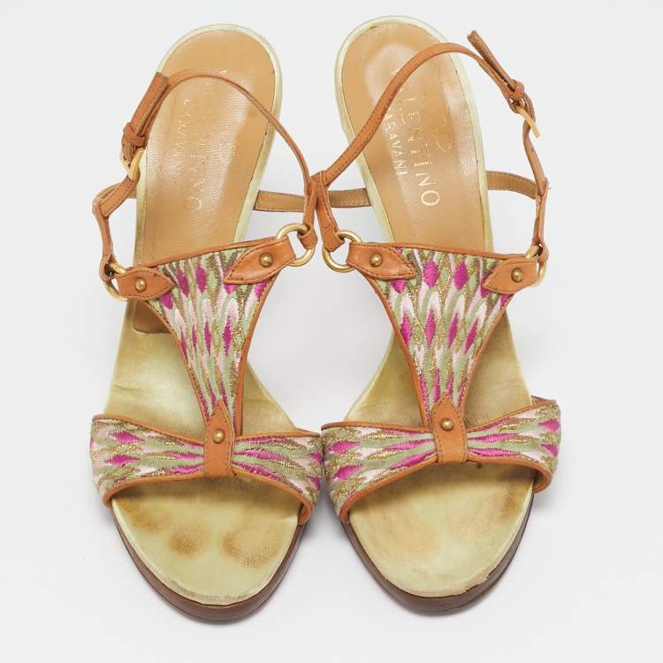 Pre Owned Valentino Multicolor Fabric and Leather Slingback Sandals Size 39.5