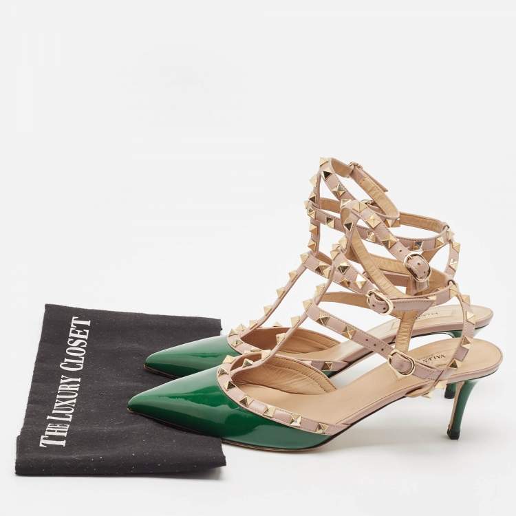 Pre Owned Valentino Green/Beige Patent Leather Rockstud Caged Ankle Strap Pumps Size 41