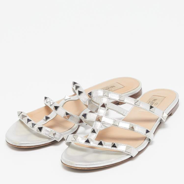 Pre Owned Valentino Silver Leather Rockstud Slide Flats Size 36