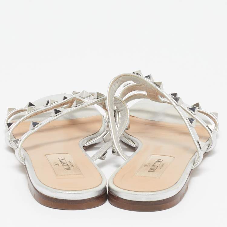 Pre Owned Valentino Silver Leather Rockstud Slide Flats Size 36