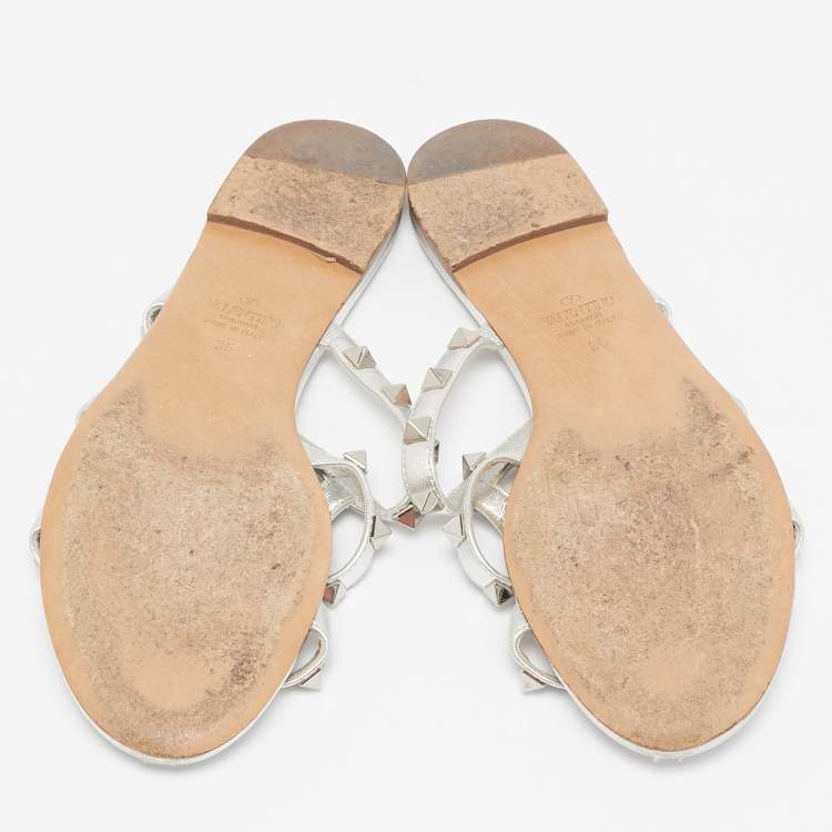 Pre Owned Valentino Silver Leather Rockstud Slide Flats Size 36