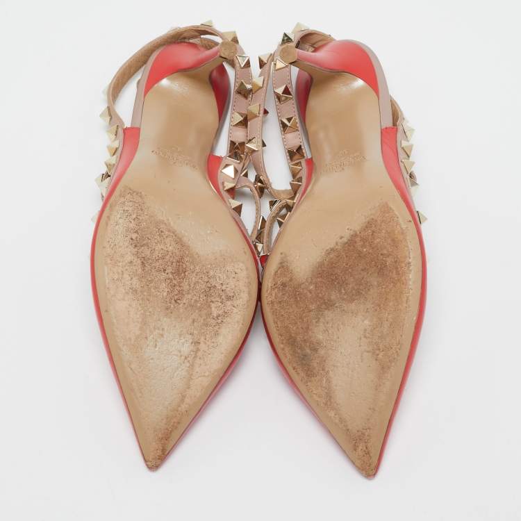 Pre Owned Valentino Red/Beige Leather Rockstud Ankle Strap Pumps Size 37