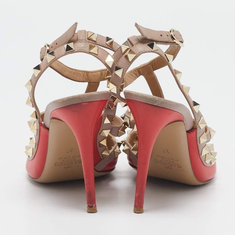 Pre Owned Valentino Red/Beige Leather Rockstud Ankle Strap Pumps Size 37