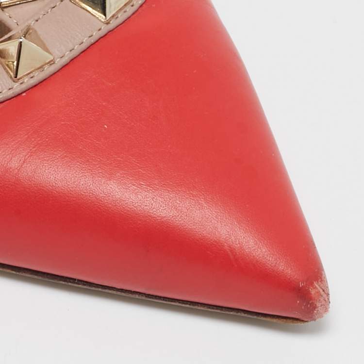 Pre Owned Valentino Red/Beige Leather Rockstud Ankle Strap Pumps Size 37