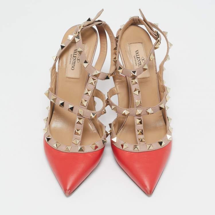 Pre Owned Valentino Red/Beige Leather Rockstud Ankle Strap Pumps Size 37