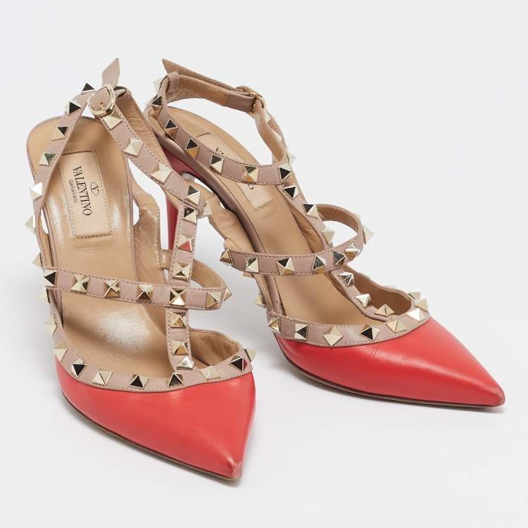 Pre Owned Valentino Red/Beige Leather Rockstud Ankle Strap Pumps Size 37
