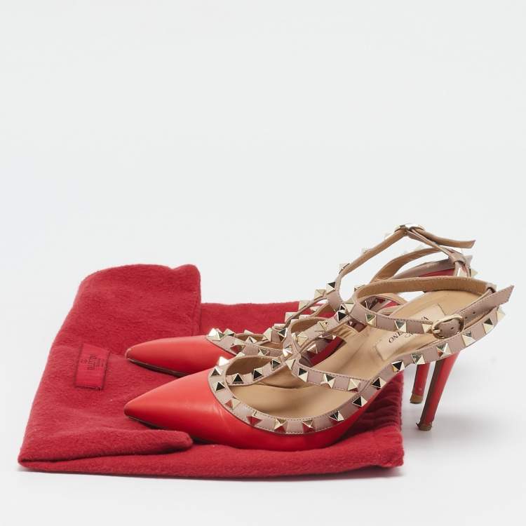 Pre Owned Valentino Red/Beige Leather Rockstud Ankle Strap Pumps Size 37