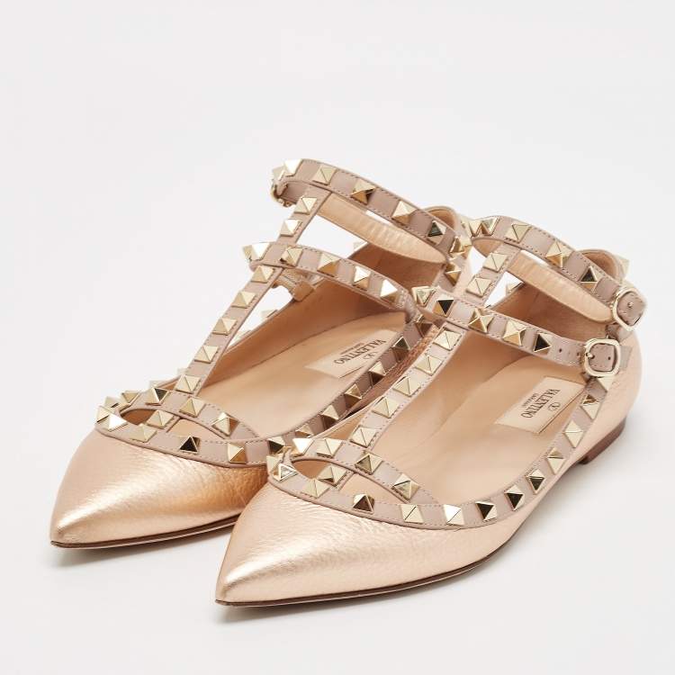 Pre Owned Valentino Rose Gold/Pink Leather Rockstud Ballet Flats Size 37