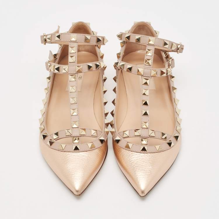 Pre Owned Valentino Rose Gold/Pink Leather Rockstud Ballet Flats Size 37