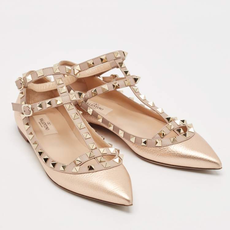 Pre Owned Valentino Rose Gold/Pink Leather Rockstud Ballet Flats Size 37