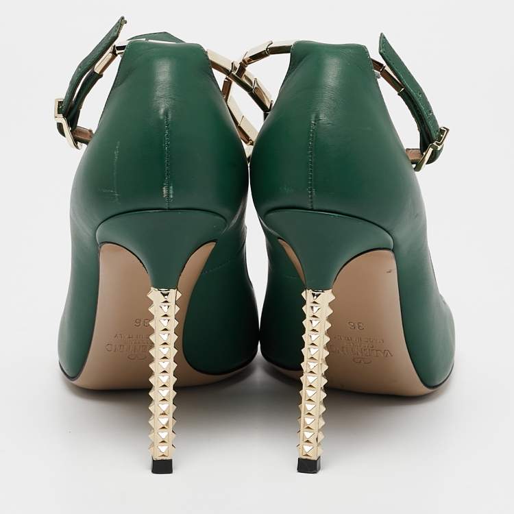 Pre Owned Valentino Green Leather Pointed Toe Ankle Strap Pumps Size 36