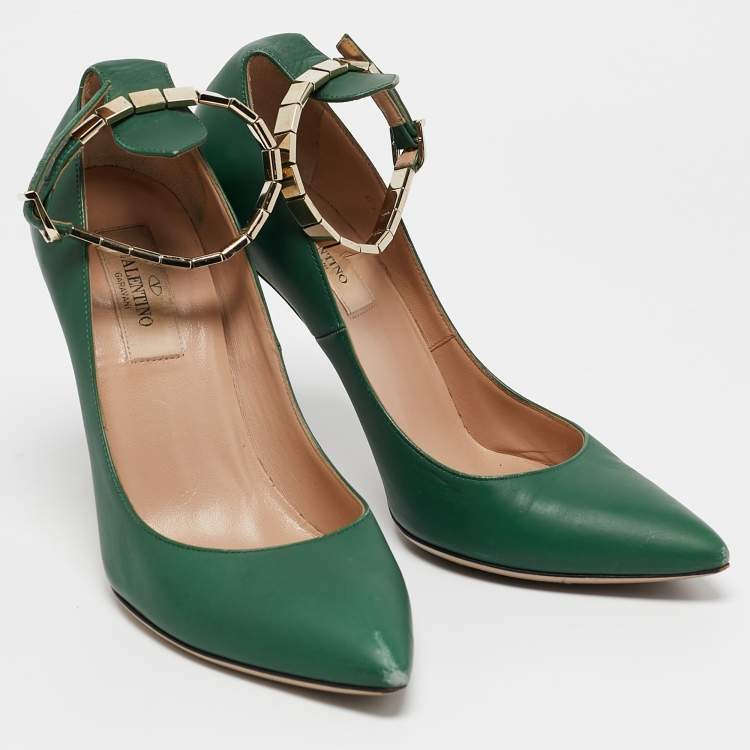 Pre Owned Valentino Green Leather Pointed Toe Ankle Strap Pumps Size 36