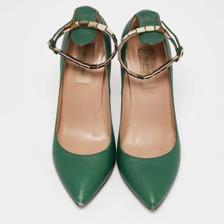 Pre Owned Valentino Green Leather Pointed Toe Ankle Strap Pumps Size 36