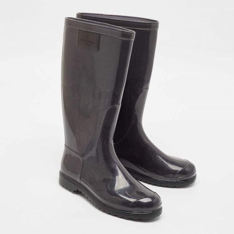 Pre Owned Valentino Grey Rubber Lace Print Rain Boots Size 37
