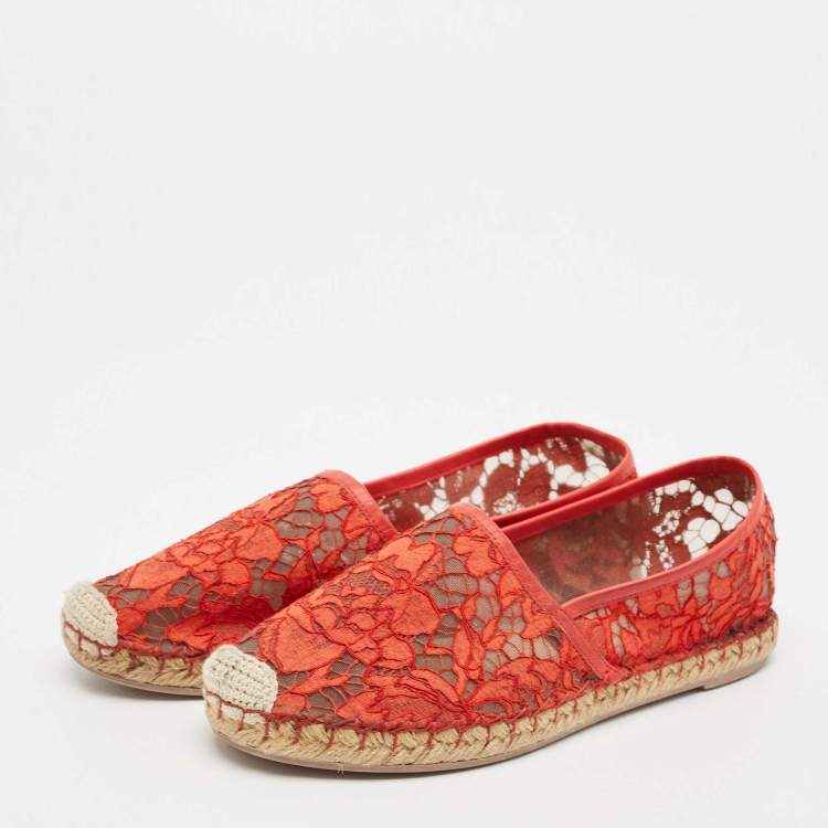 Pre Owned Valentino Red Lace and Leather Espadrille Flats Size 37