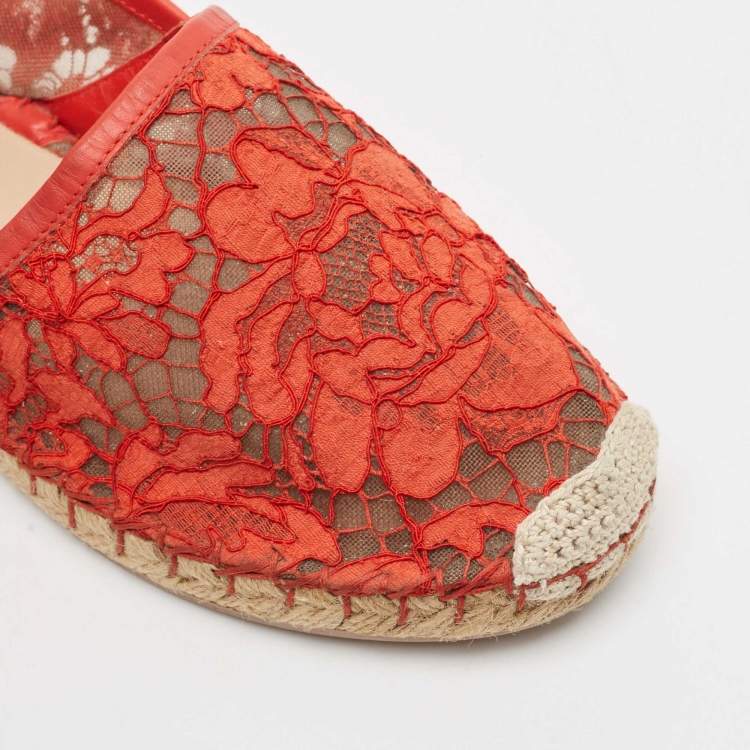 Pre Owned Valentino Red Lace and Leather Espadrille Flats Size 37