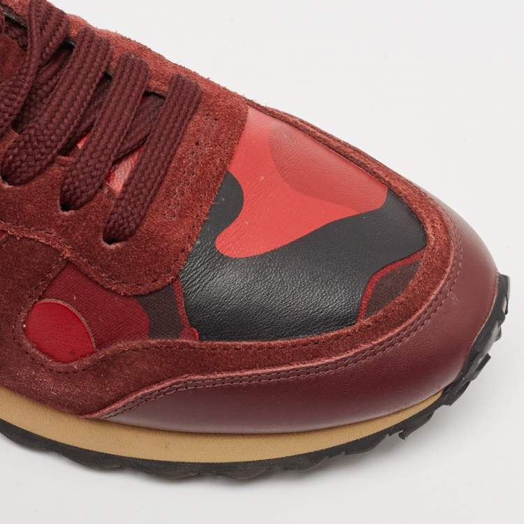 Pre Owned Valentino Red/Burgundy Leather and Suede Rockrunner Sneakers Size 38