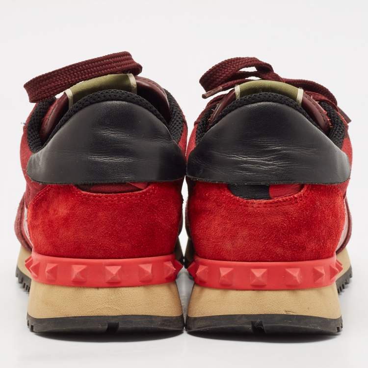 Pre Owned Valentino Red/Burgundy Leather and Suede Rockrunner Sneakers Size 38