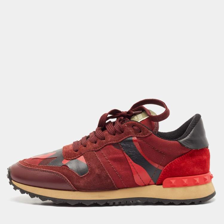Pre Owned Valentino Red/Burgundy Leather and Suede Rockrunner Sneakers Size 38
