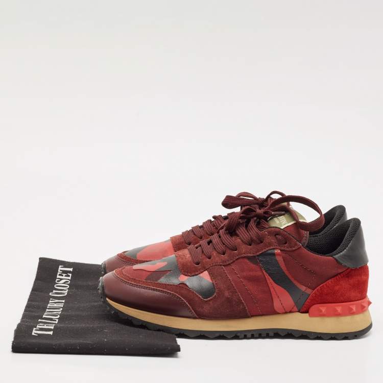 Pre Owned Valentino Red/Burgundy Leather and Suede Rockrunner Sneakers Size 38