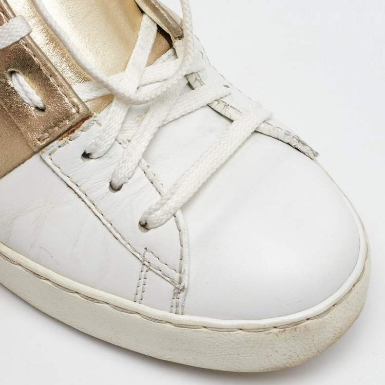Pre Owned Valentino White/Gold Leather Rockstud Low Top Sneakers Size 35.5