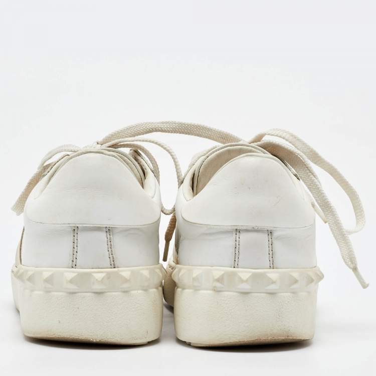 Pre Owned Valentino White/Gold Leather Rockstud Low Top Sneakers Size 35.5