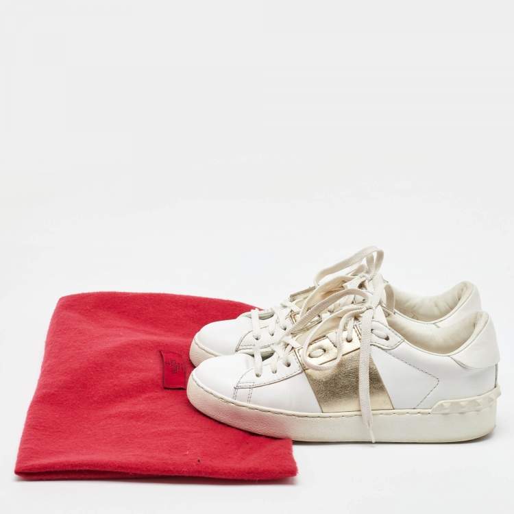 Pre Owned Valentino White/Gold Leather Rockstud Low Top Sneakers Size 35.5