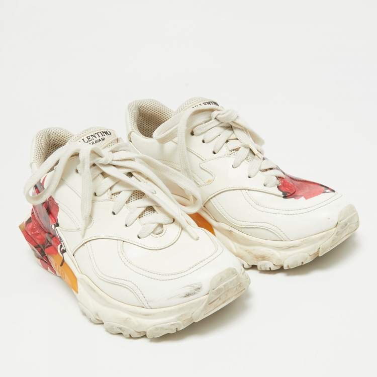 Pre Owned Valentino x Undercover White Leather Chain Rose Print Bounce Sneakers Size 36