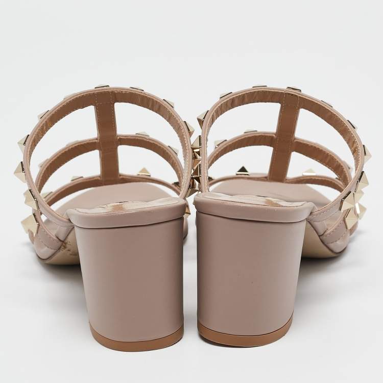 Pre Owned Valentino Beige Leather Rockstud Ankle Strap Sandals Size 37.5