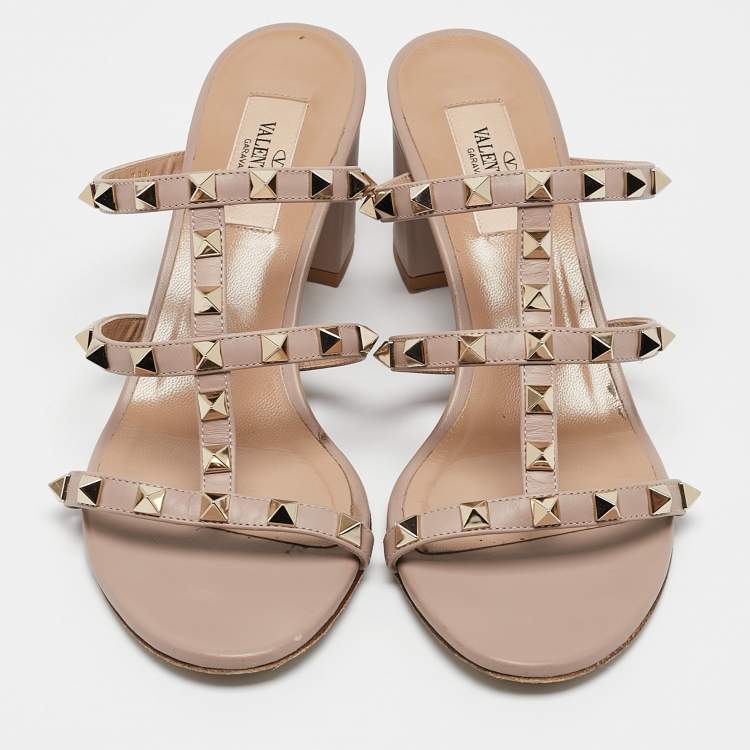 Pre Owned Valentino Beige Leather Rockstud Ankle Strap Sandals Size 37.5